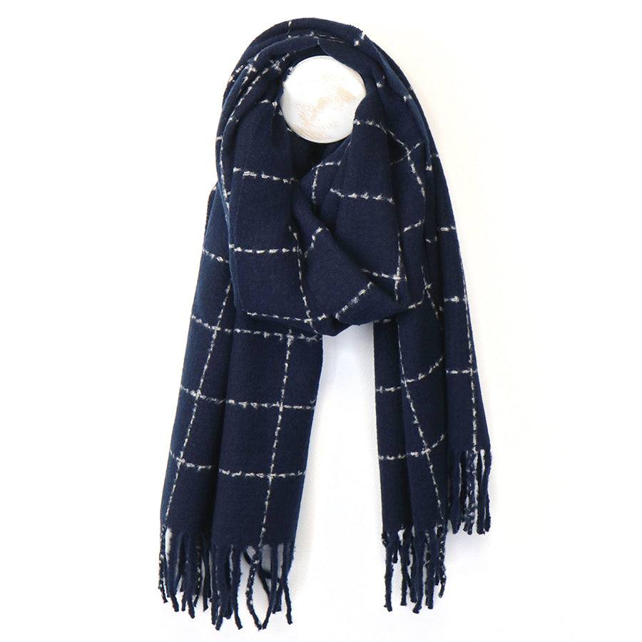 Navy fine check scarf with white grid pattern and fringed ends made of 100% polyester