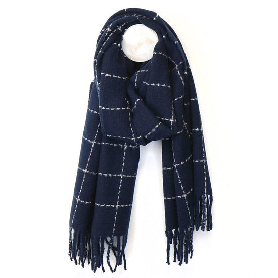 Navy fine check scarf with white grid pattern and fringed ends made of 100% polyester