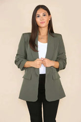 Women’s khaki blazer with ruched sleeves and notched lapels in tailored fit