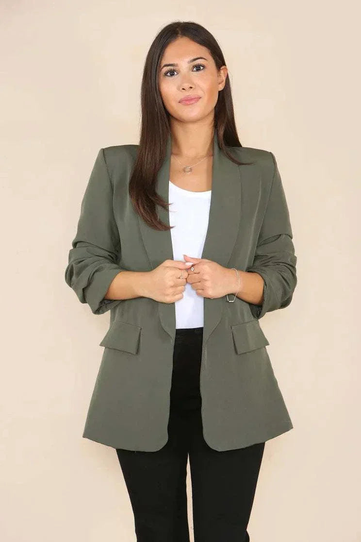 Women’s khaki blazer with ruched sleeves and notched lapels in tailored fit