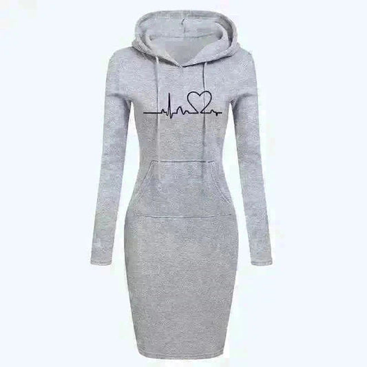 Grey long-sleeved autumn winter women's hoodie dress with heart and heartbeat design, made of polyester fiber, casual and cozy sweatshirt style