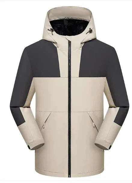 StormGuard Fleece Jacket beige and black insulated hooded jacket for outdoor warmth and comfort