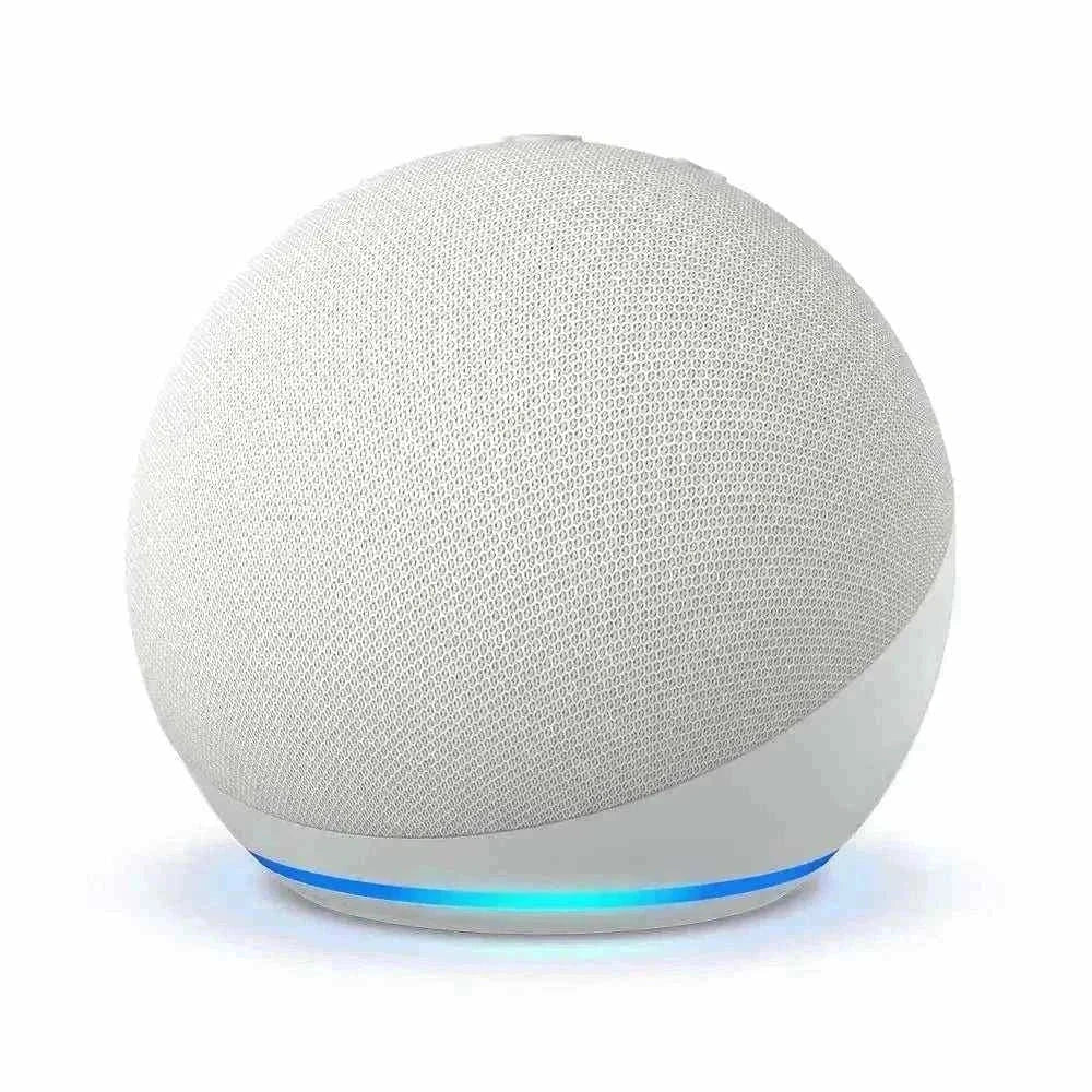 Amazon Echo Dot 5th Gen smart speaker in glacier white with vibrant sound and Alexa integration