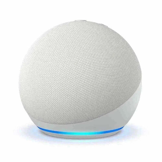 Amazon Echo Dot 5th Gen smart speaker in glacier white with vibrant sound and Alexa integration