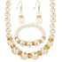Elegant round ABS imitation pearl necklace, bracelet, and earrings set with gold and rhinestone accents for women.