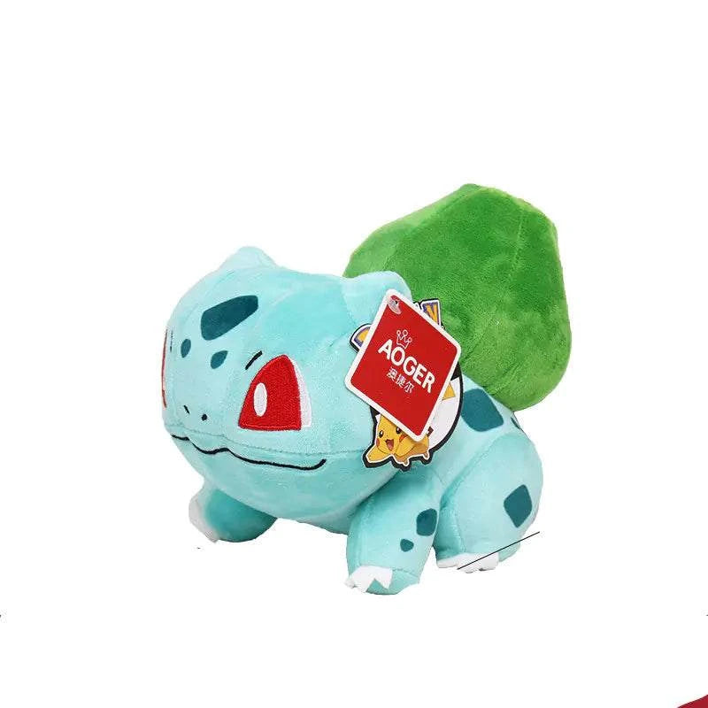 Bulbasaur plush toy with green leaf and blue body on white background
