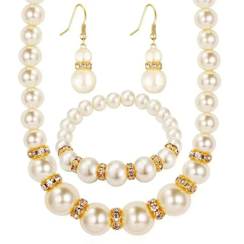 Elegant Round Abs imitation pearl necklace, earrings, and bracelet set for women wedding jewelry