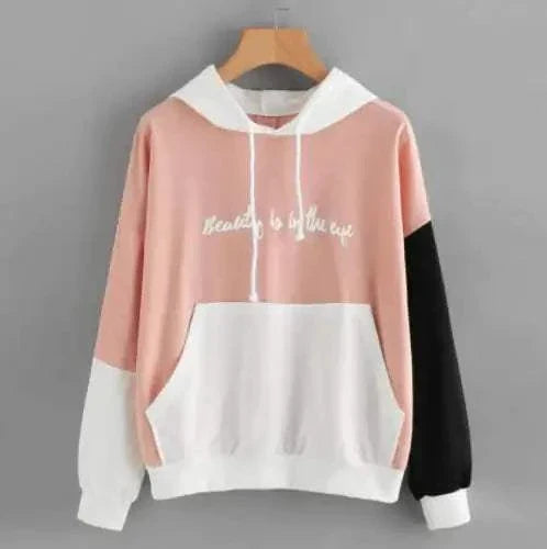 Explosive Color Matching Hooded Sweater for women with pink, white, and black color blocks and front pocket