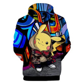 Back view of Pikachu printed hoodie with hood and colorful graffiti background design
