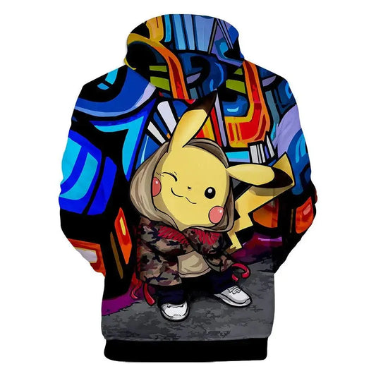 Back view of Pikachu printed hoodie with hood and colorful graffiti background design