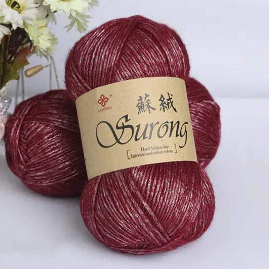 Soft maroon yarn ball labeled Surong for DIY knitting scarves and hats