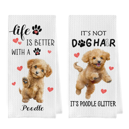 Set of two white towels featuring cute Geqtt Poodle Dog illustrations with hearts and dog-themed text designs