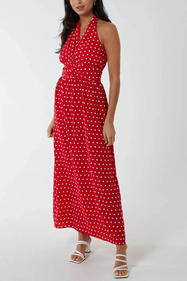 Red polka dot halterneck maxi dress with button belt and sleeveless design