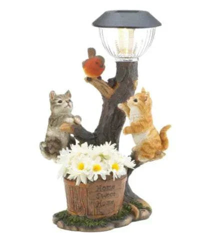 Cute animal shape solar garden light featuring cats, a bird, and a flower pot with Home Sweet Home inscription