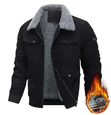 Black winter lapel fleece jacket with wide collar and soft insulating lining for cold weather warmth