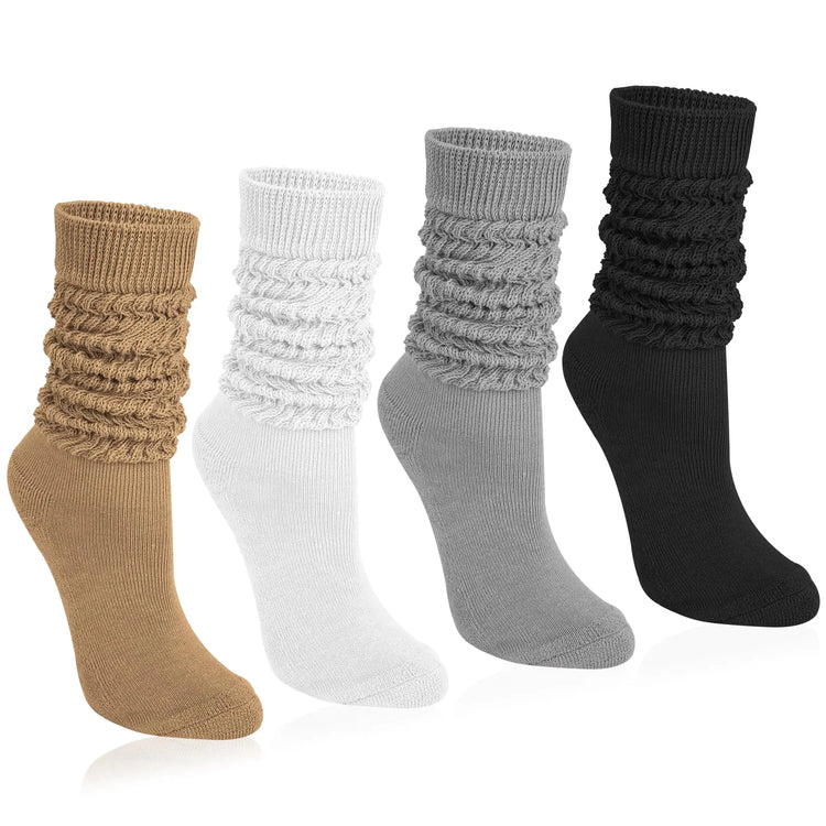 Justay 4 pairs women slouch socks soft knit knee high scrunchy tube socks in brown white gray and black